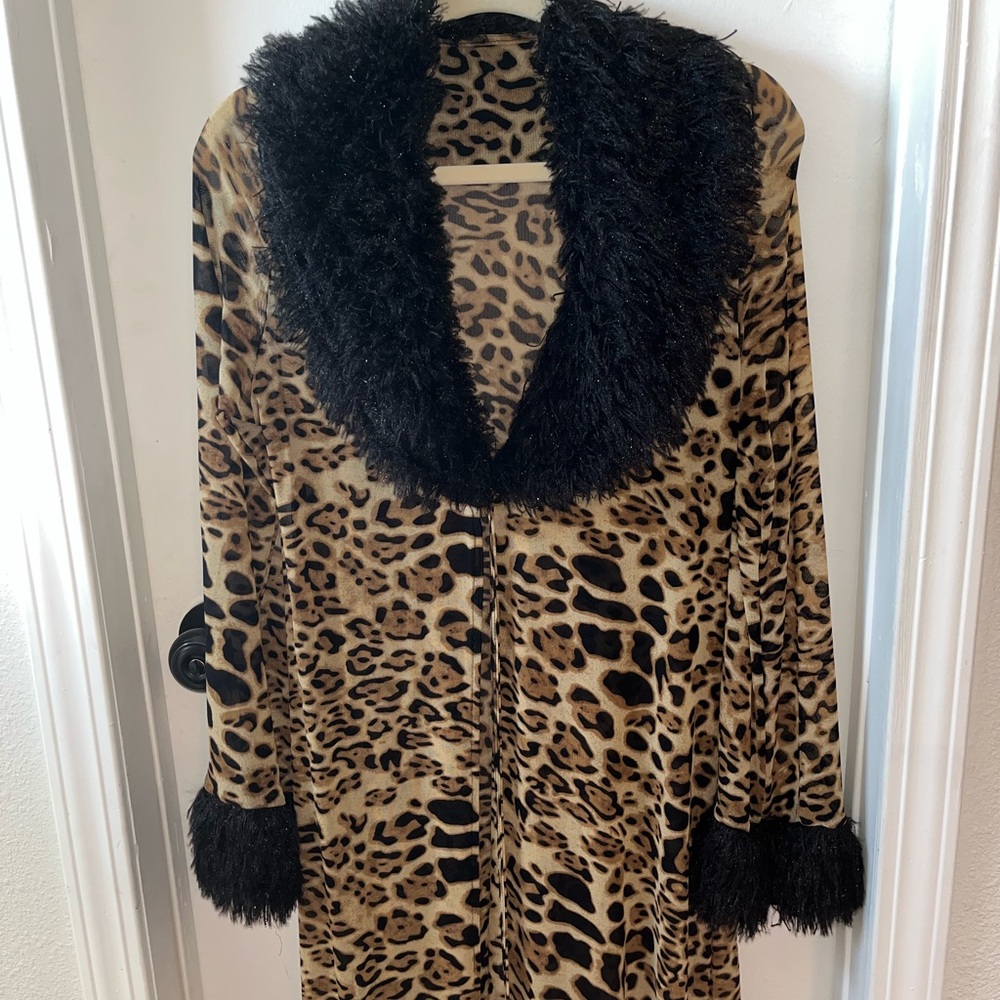 Leopard Print Mesh Robe with Black Fur Trim